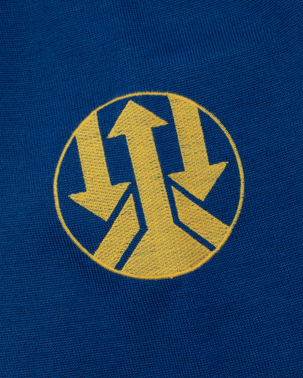 Yellow triple-arrow symbol on blue WINDSTOPPER® Striped Knit Cycling Jersey by GORE-TEX LABS.