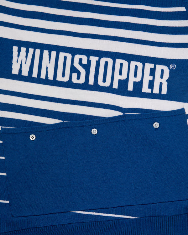 Blue and white striped WINDSTOPPER® Knit Cycling Jersey by GORE-TEX LABS, bold logo partly covered by blue cloth.