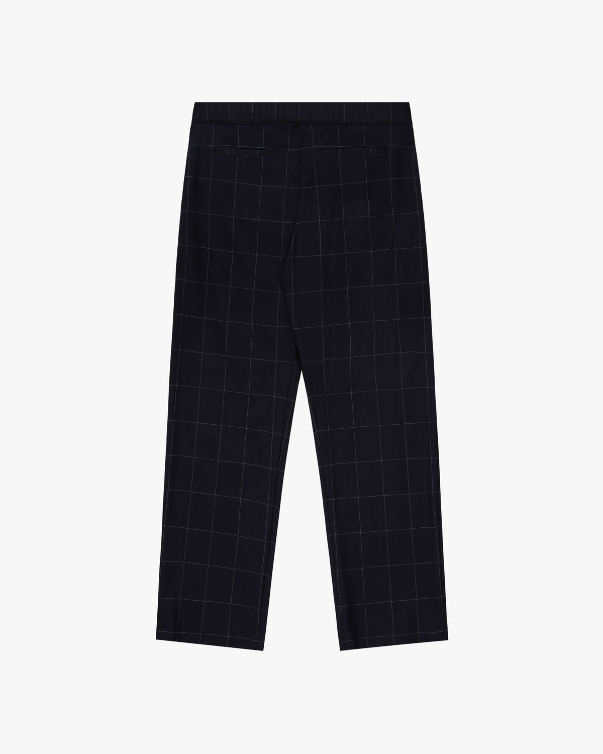 Windowpane Elasticated Waist Suit Trouser in black with a white windowpane check, shown flat from the back.