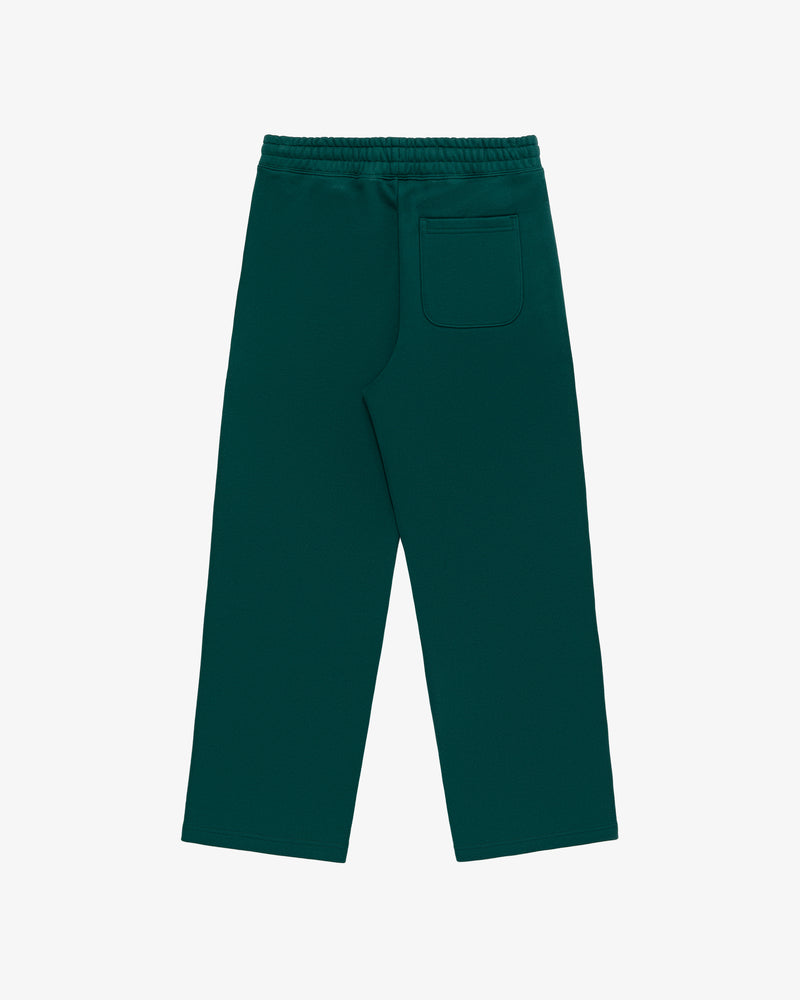 Unisphere Sweatpants in dark green with wide legs, elastic waistband, and a single back pocket on a white background.