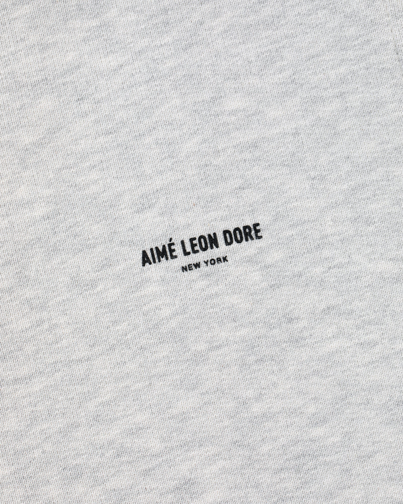 Close-up of heather gray Micro Logo Sweatpants with AIMÉ LEON DORE NEW YORK printed in black at the center.