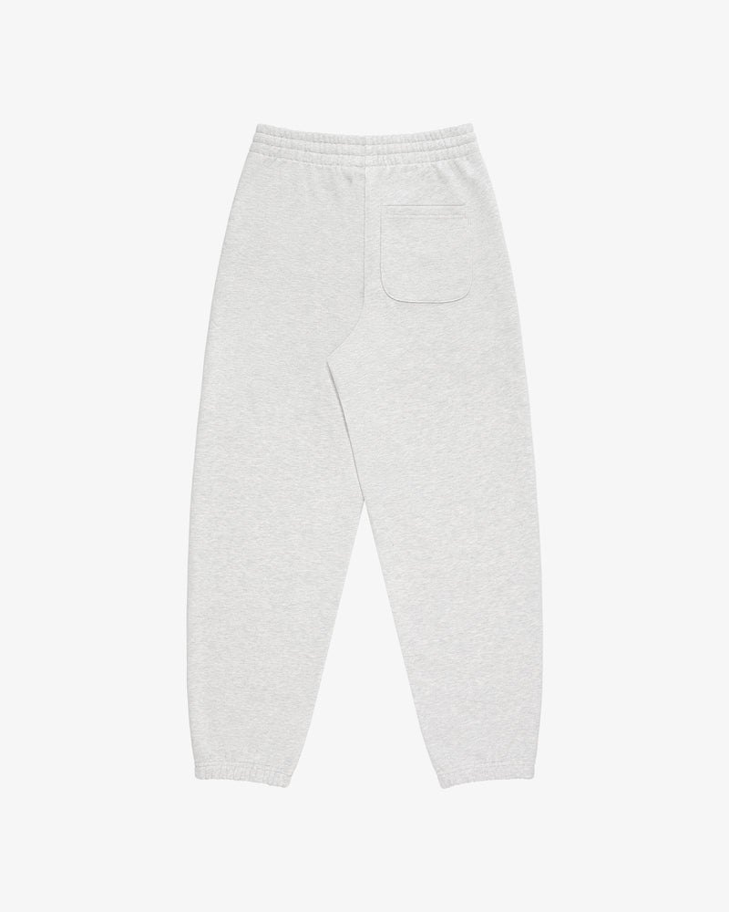 Light gray Micro Logo Sweatpants with elastic waistband, single back pocket, and elastic cuffs on white background.