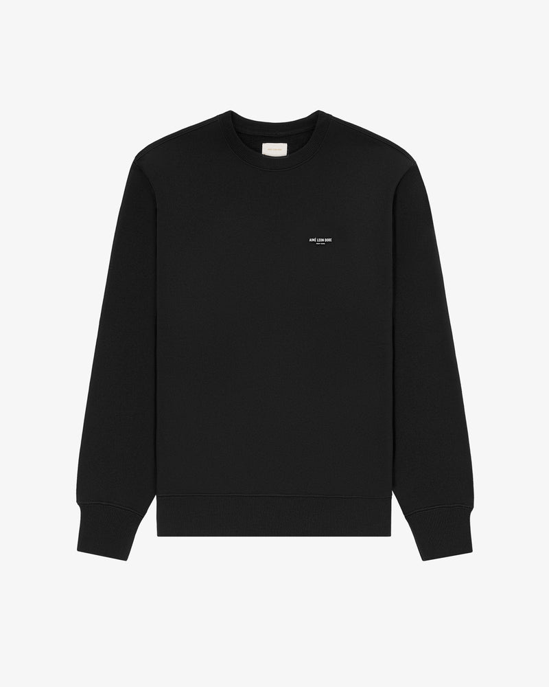 Micro Logo Crewneck Sweatshirt in black with long sleeves, small white chest text, shown on a white background.