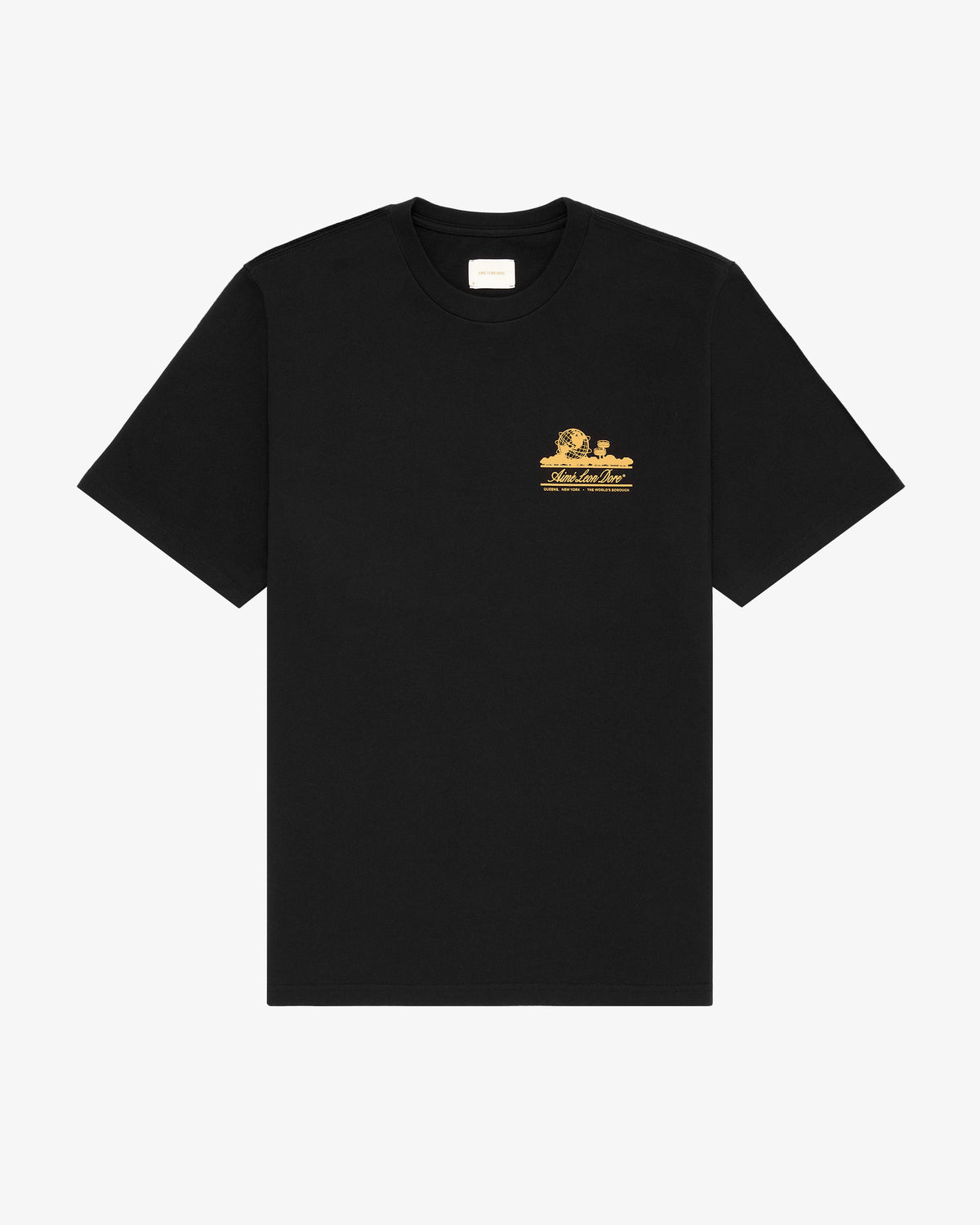 Unisphere Tee – black with a small yellow graphic and text on the left chest, shown on a white background.
