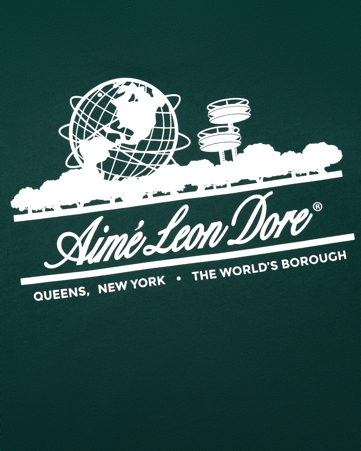 Long-Sleeve Unisphere Tee: White globe, trees & Aimé Leon Dore logo on green background with Queens, NY text.