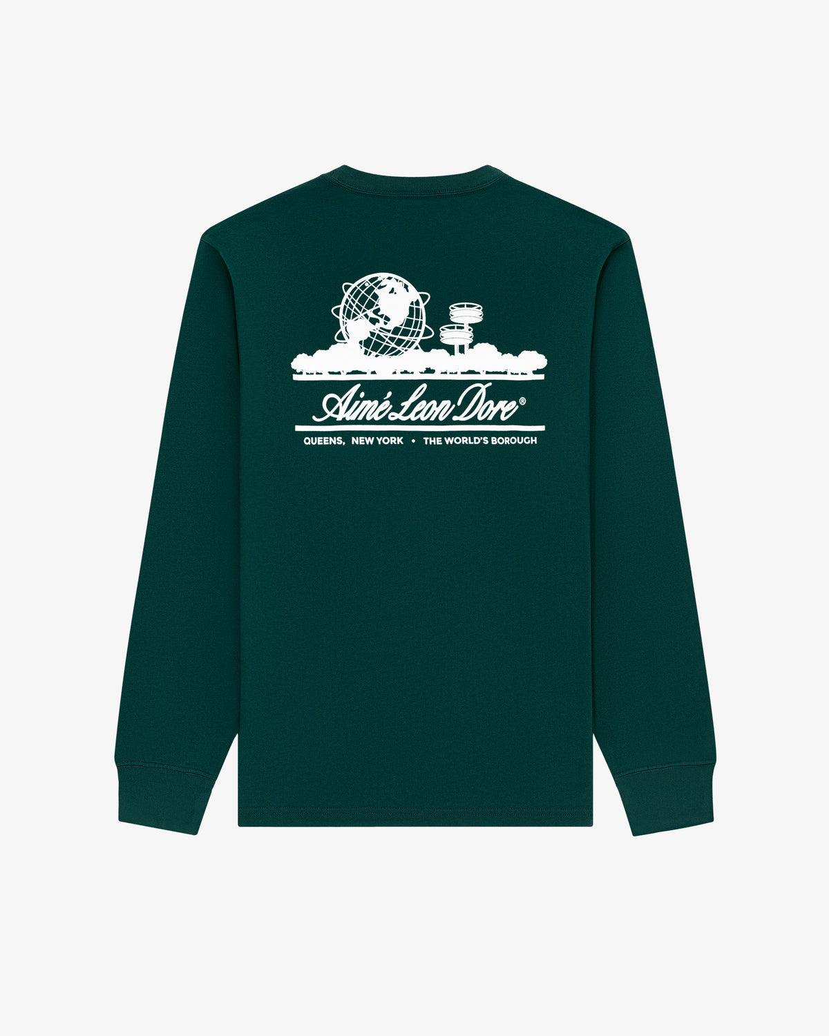 The Long-Sleeve Unisphere Tee is dark green with a white Unisphere and Aimé Leon Dore text graphic on the back.