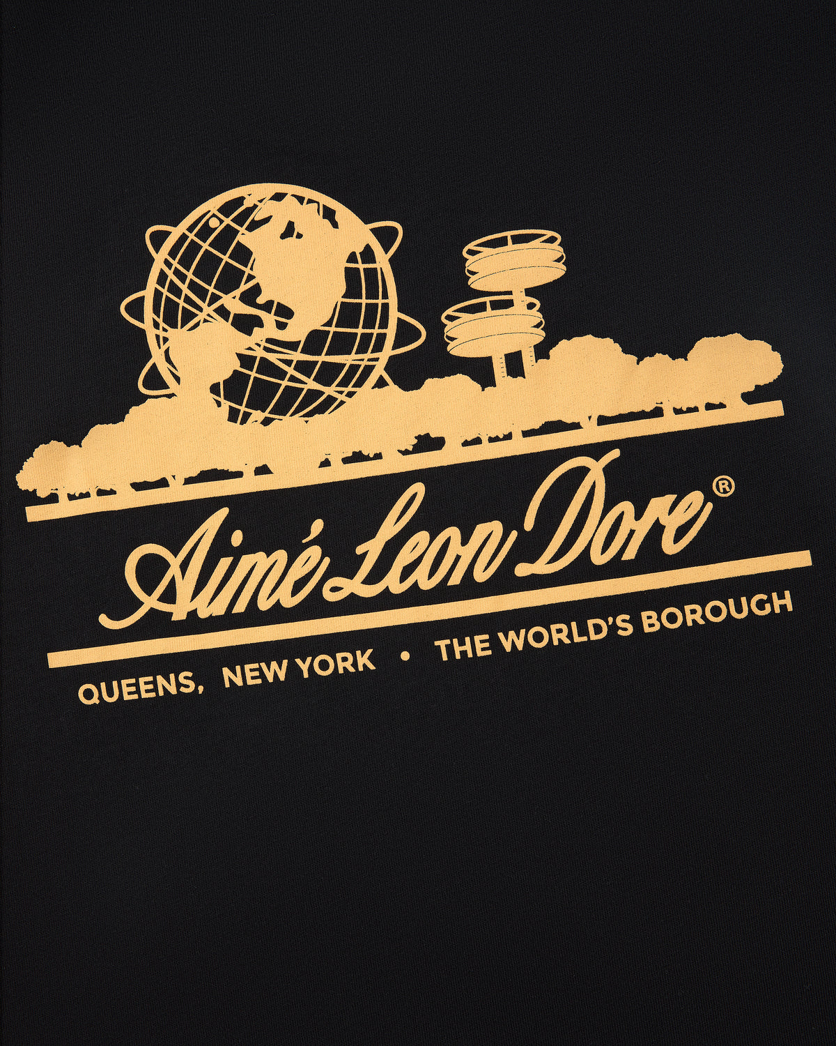 Yellow Unisphere Aimé Leon Dore logo with globe and NYC icons on black; "Queens, New York" text below.