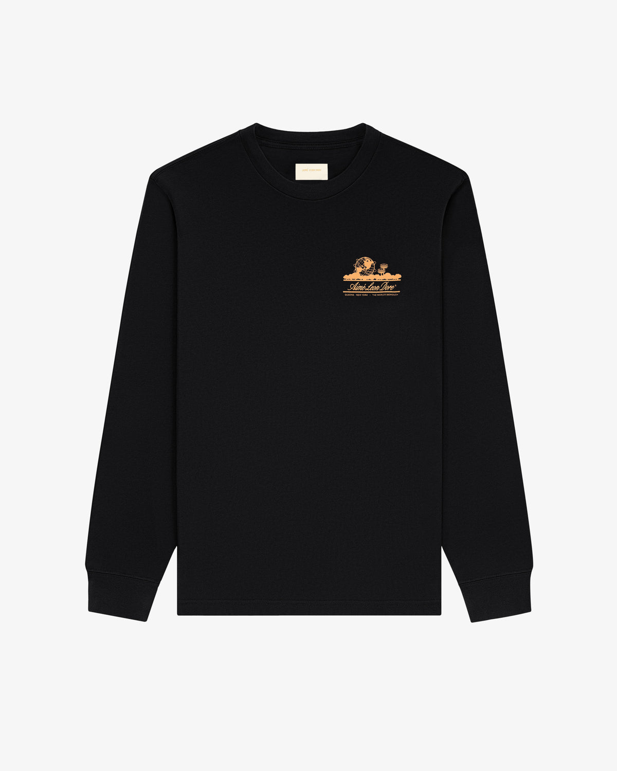 The Long-Sleeve Unisphere Tee is black with a small orange graphic and text on the upper left chest.