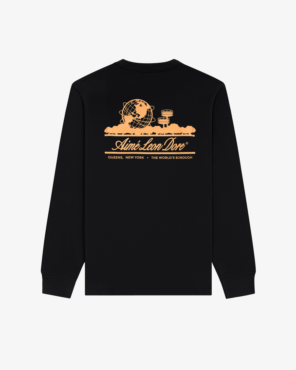 Black Long-Sleeve Unisphere Tee featuring orange Queens landmarks and Aimé Leon Dore, Queens, New York text.