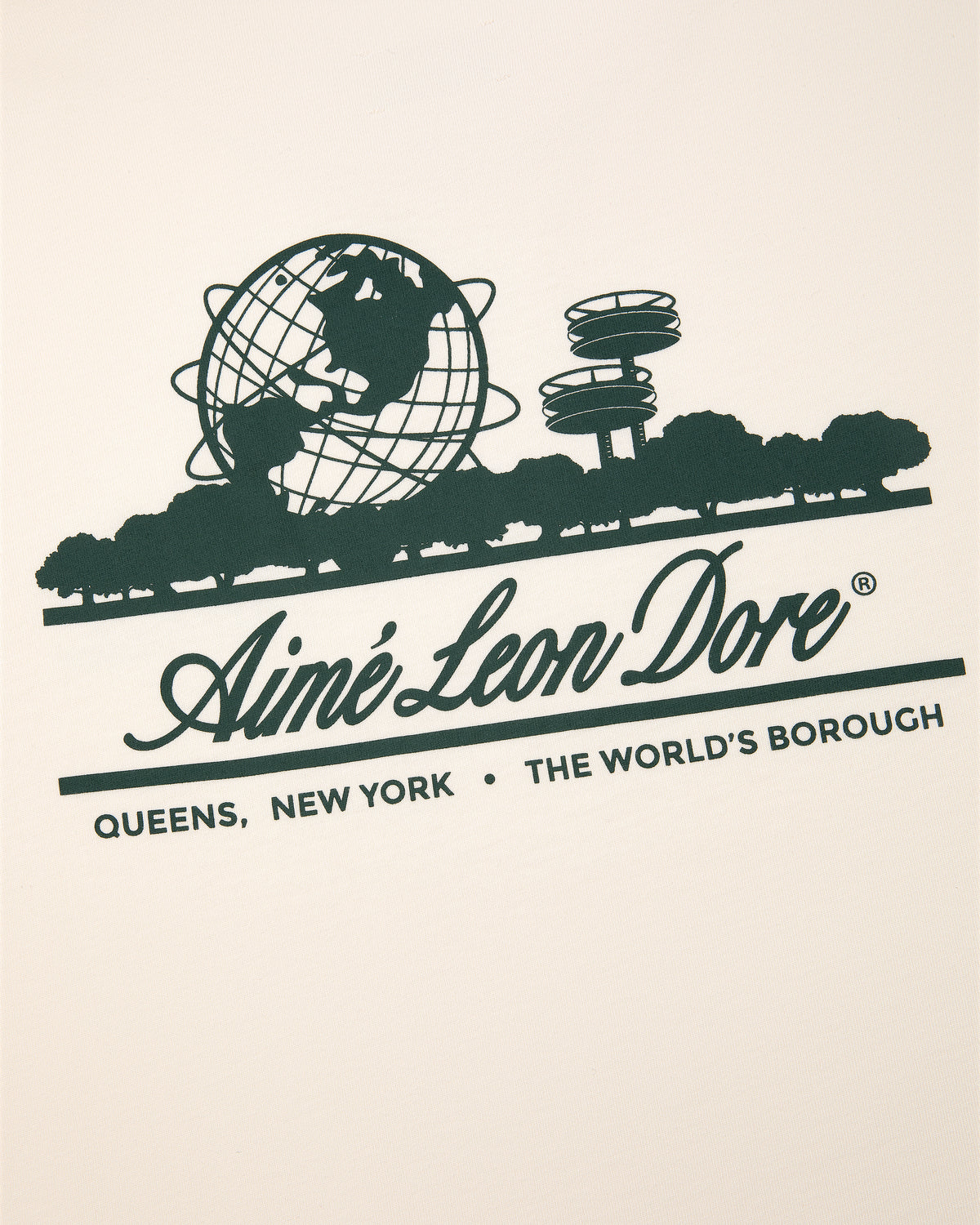 Green graphic Unisphere and trees with "Aimé Leon Dore" and "Queens, New York - The World’s Borough" on long-sleeve tee.