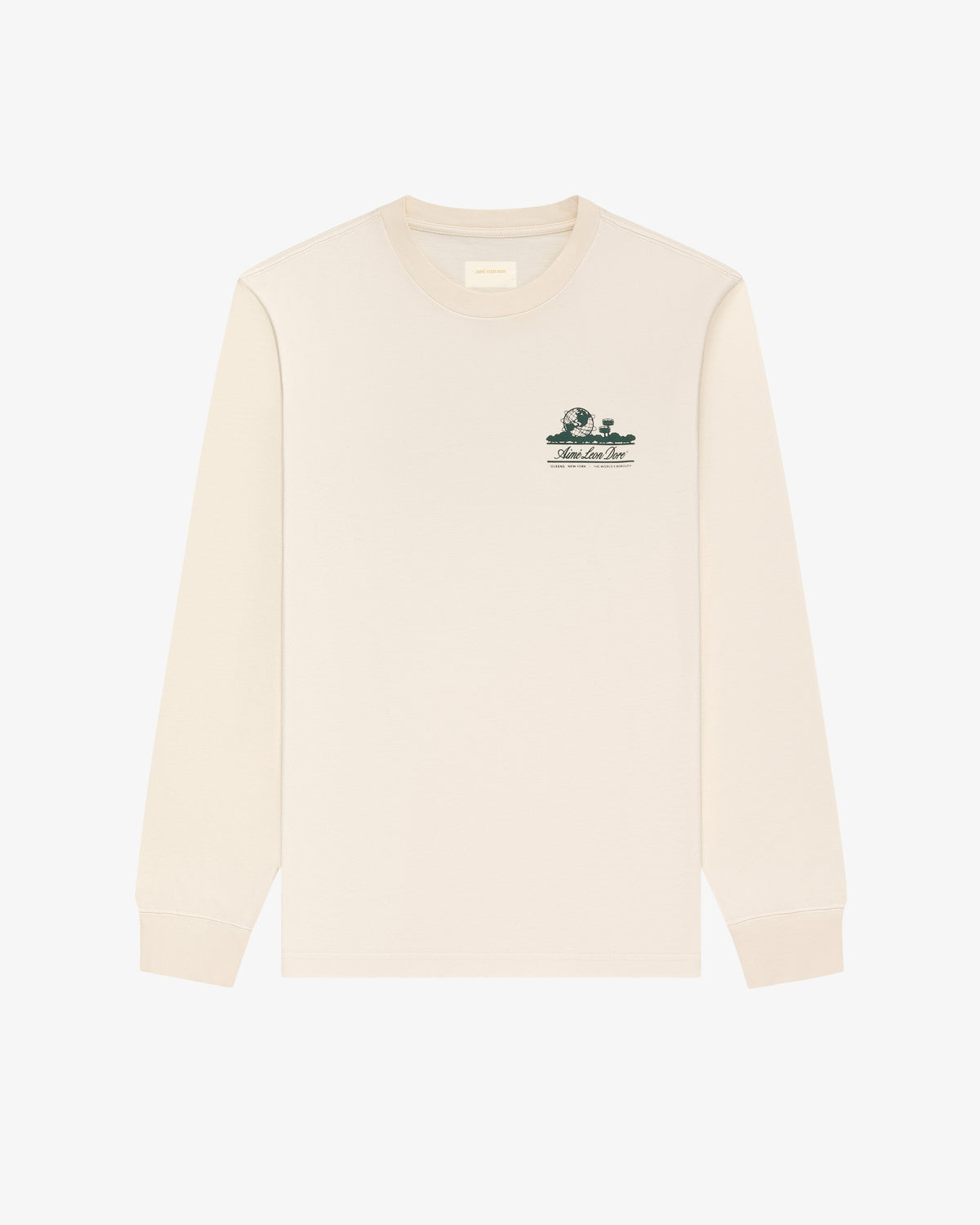 Long-Sleeve Unisphere Tee in beige with a small dark green graphic and text on the left chest, shown on white background.
