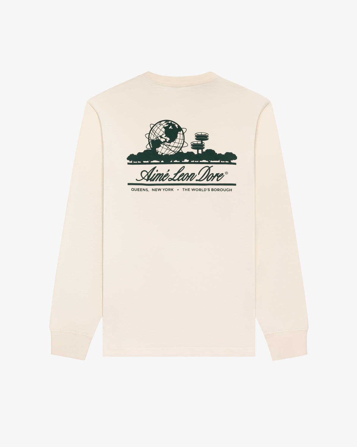 The Long-Sleeve Unisphere Tee is off-white with a green Unisphere graphic and "Aimé Leon Dore" text on the back.