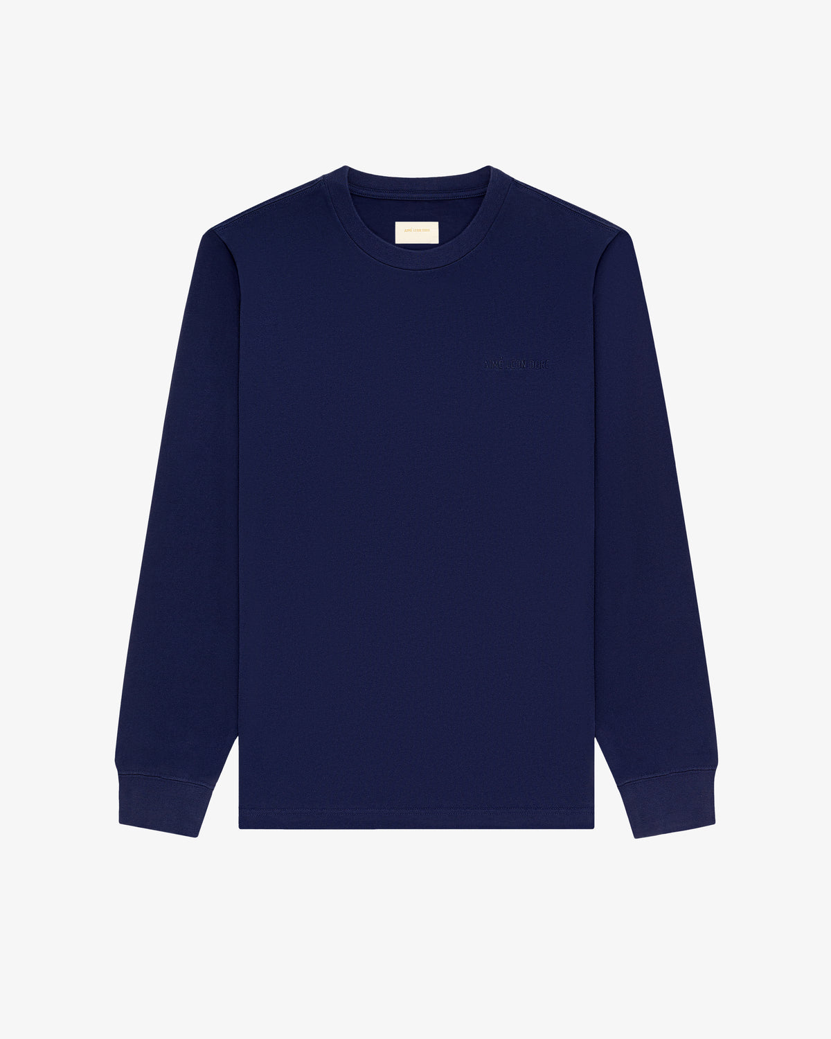 Long-Sleeve Tonal Logo Tee in navy blue with ribbed cuffs, displayed on a plain white background.