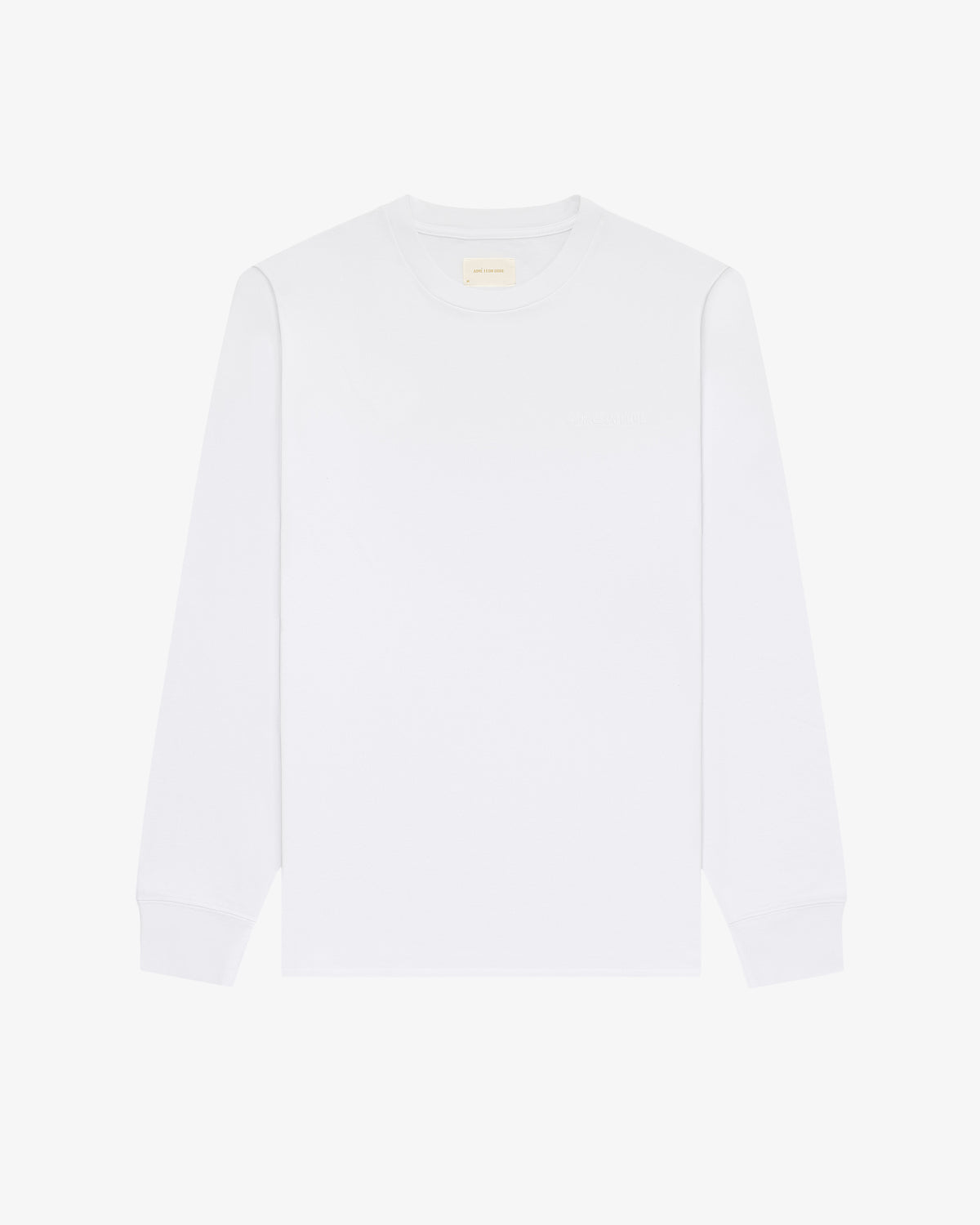 Long-Sleeve Tonal Logo Tee in white, crewneck style, laid flat on a white background.