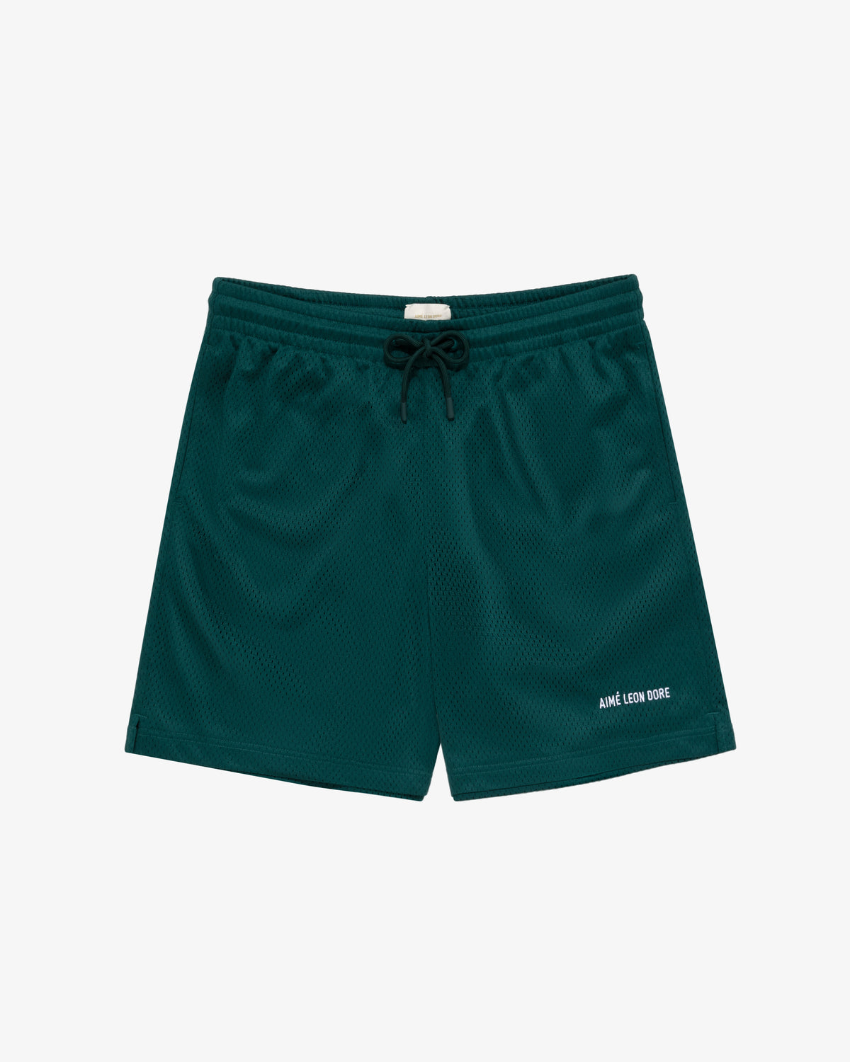 Dark green Logo Gym Short with drawstring waist and small white AIME LEON DORE text on one leg.