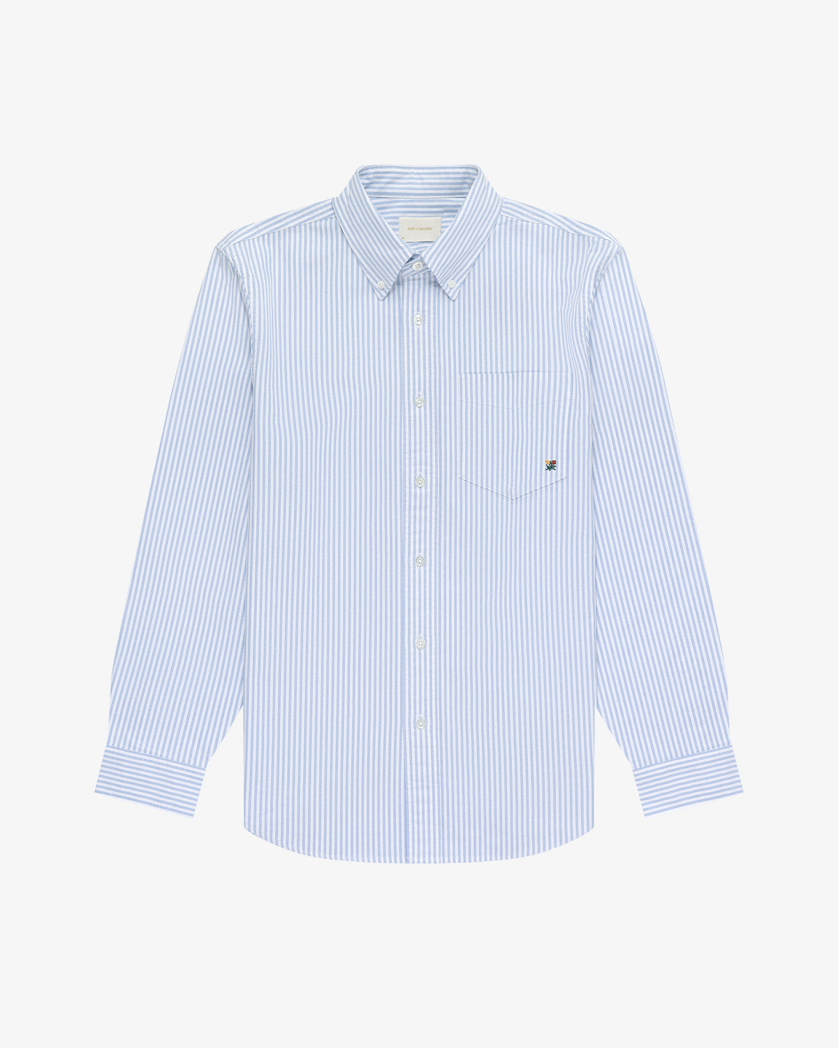 Striped Crest Oxford Shirt in light blue and white with long sleeves and chest pocket, on a white background.