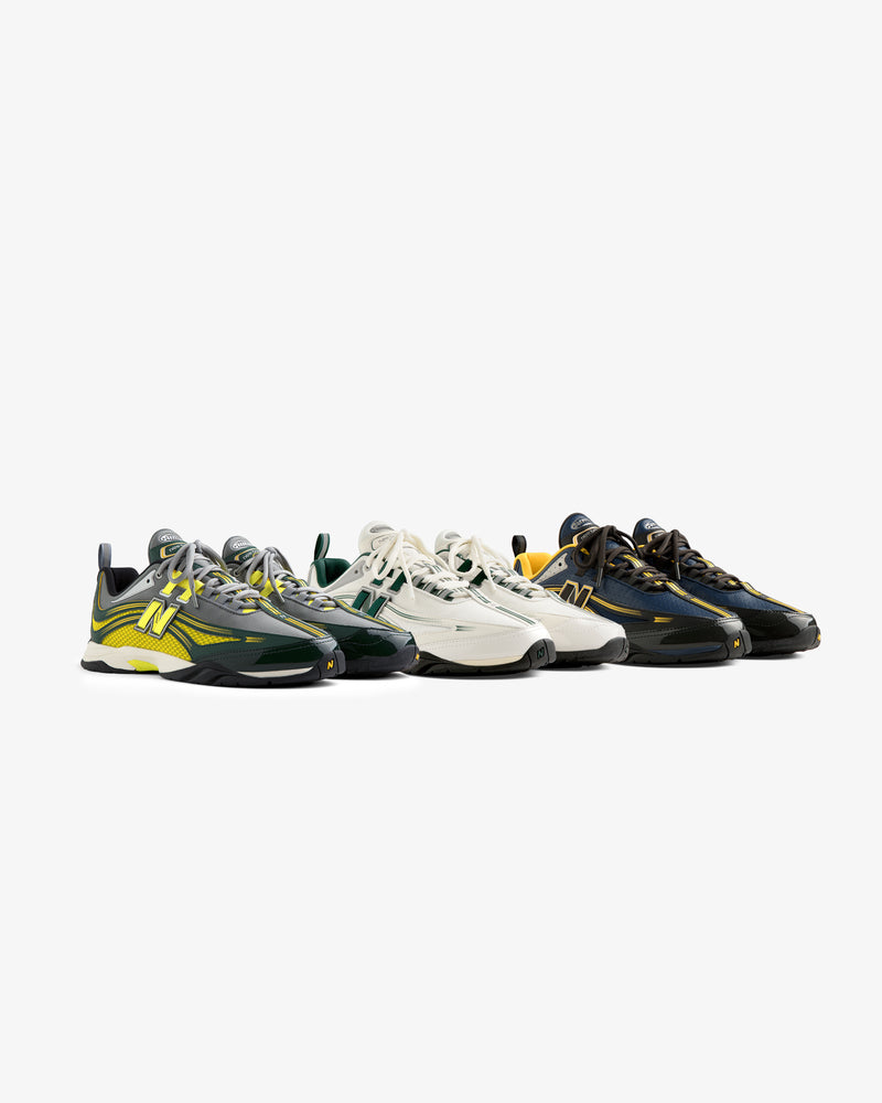 Five pairs of ALD / New Balance RC56 sneakers in various colors are lined up side by side on a white background.