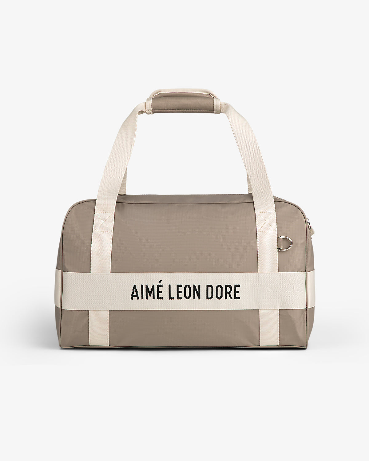 Beige Nylon Duffle Bag with white handles and "AIMÉ LEON DORE" in black on the front.