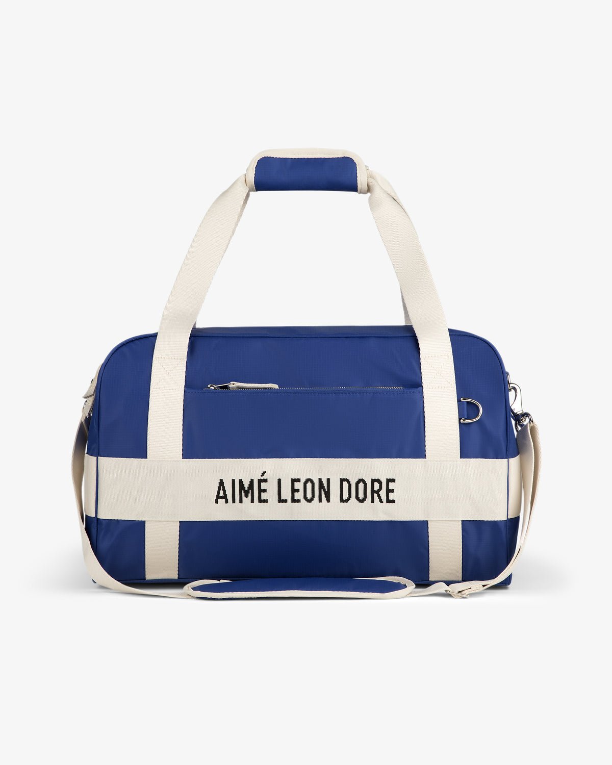 Nylon Duffle Bag in blue with white straps and AIMÉ LEON DORE text on front, shown on a plain background.