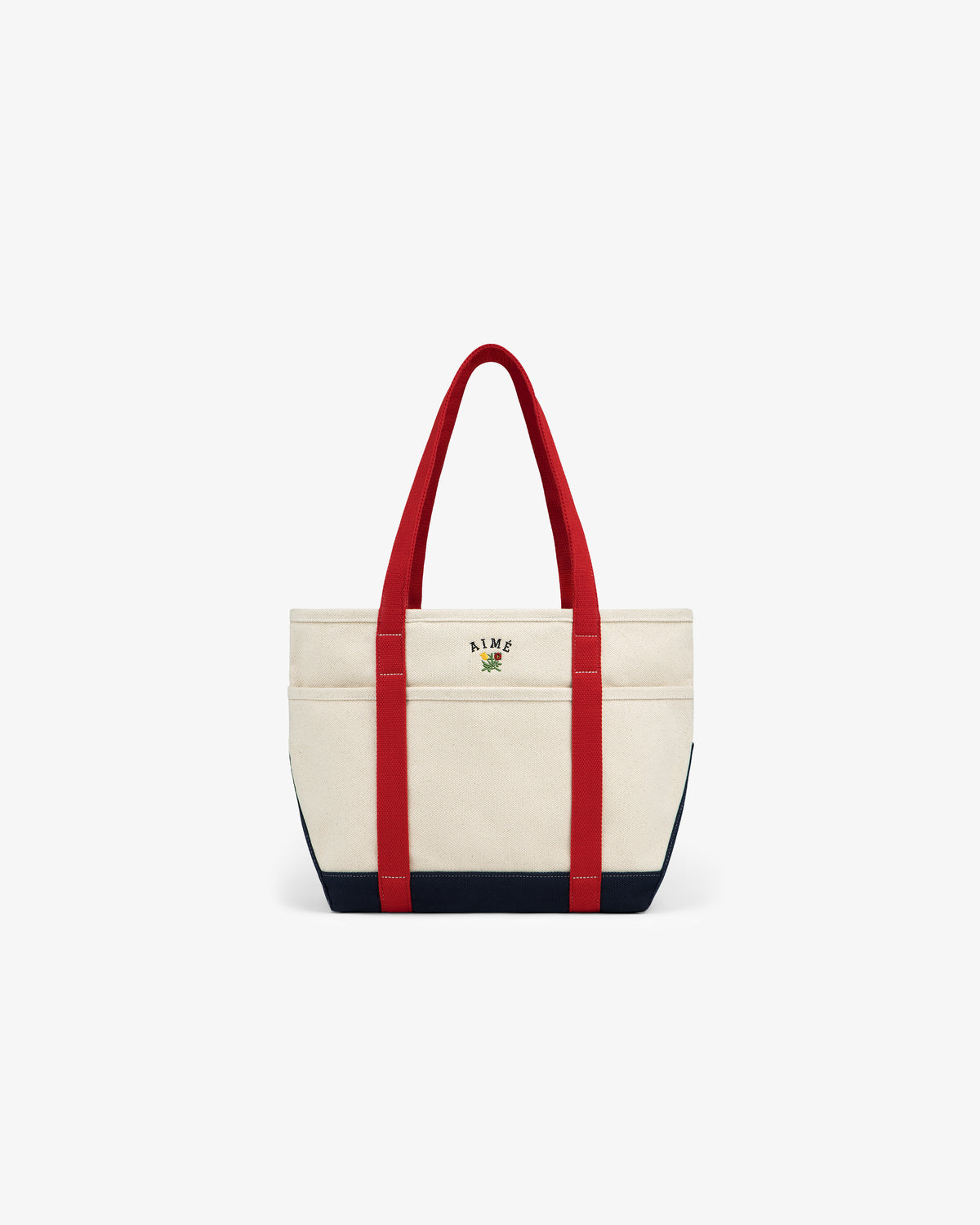 Small Crest Contrast Tote Bag with red handles, navy base, and small front logo on a white background.