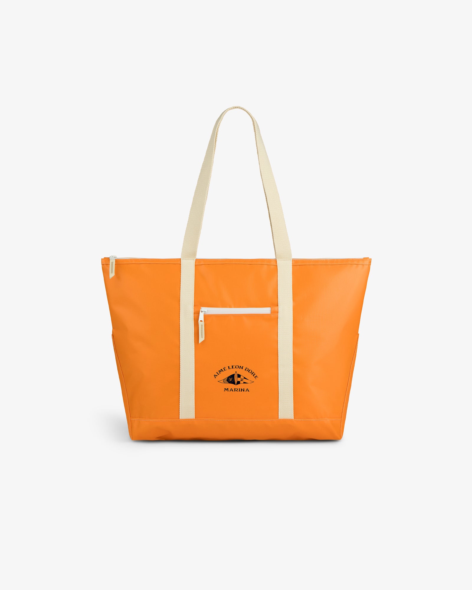Carryall Marina Tote: Bright orange with cream handles/trim, front zip pocket, and small black logo.