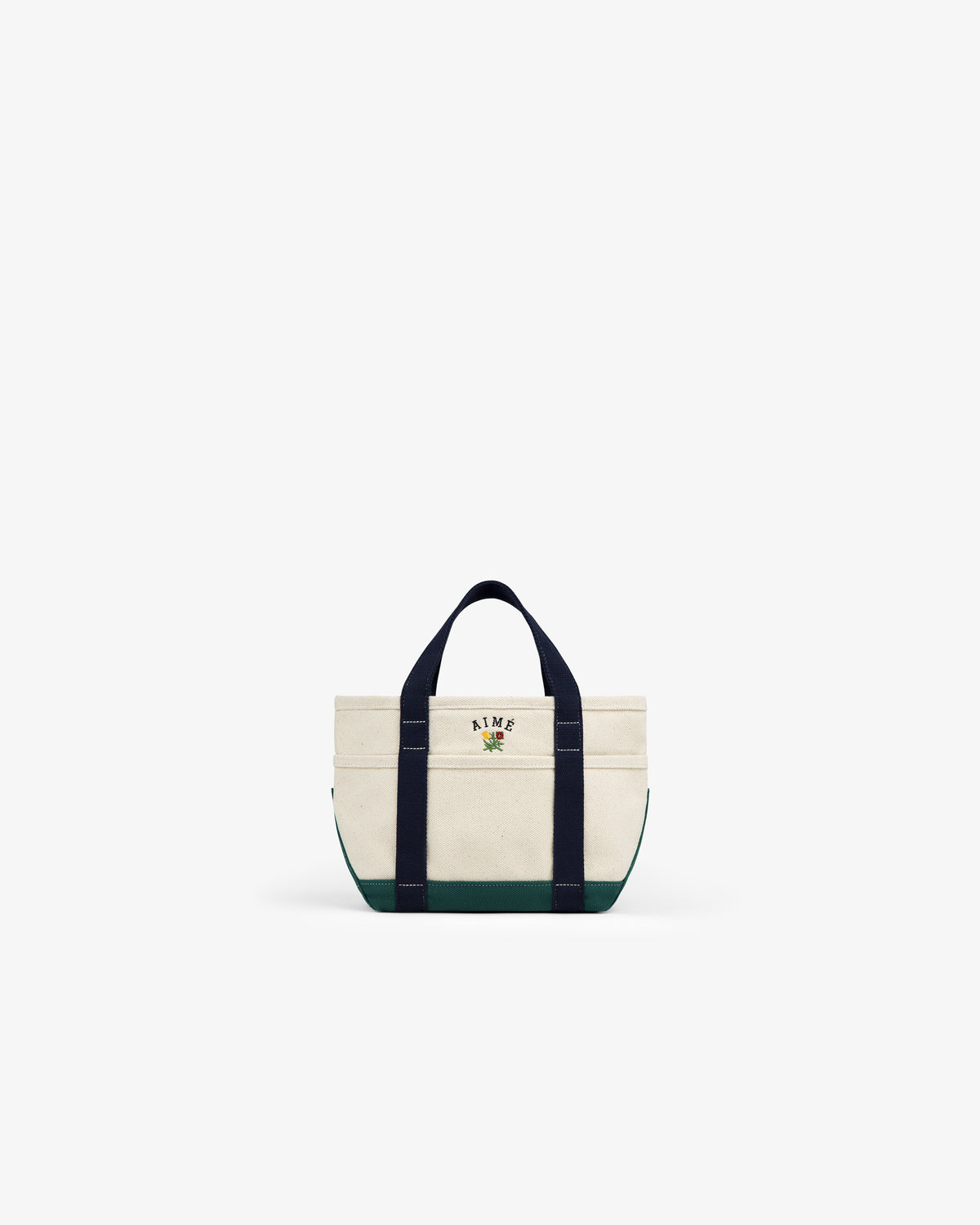 Mini Crest Contrast Tote Bag with dark handles, green base, and AIME text with graphic on the front.