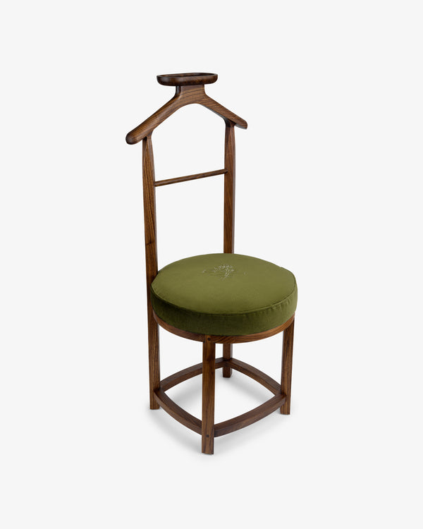 Queens Crest Valet Chair with a rounded green cushioned seat, curved backrest, and unique T-shaped top rail.