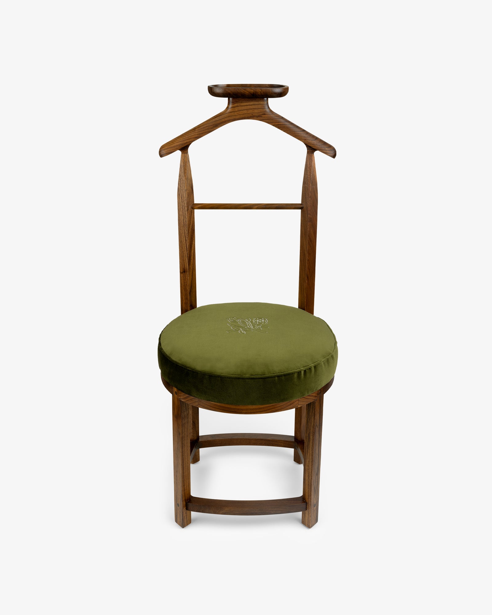 Queens Crest Valet Chair with curved backrest and olive green round embroidered cushioned seat.