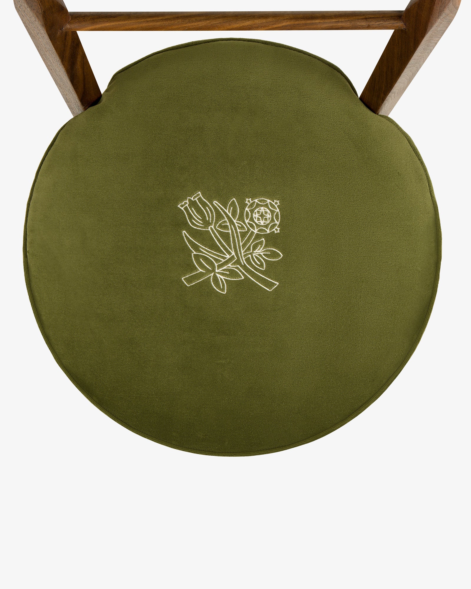 Queens Crest Valet Chair with green round seat and white floral embroidery, viewed from above on white background.