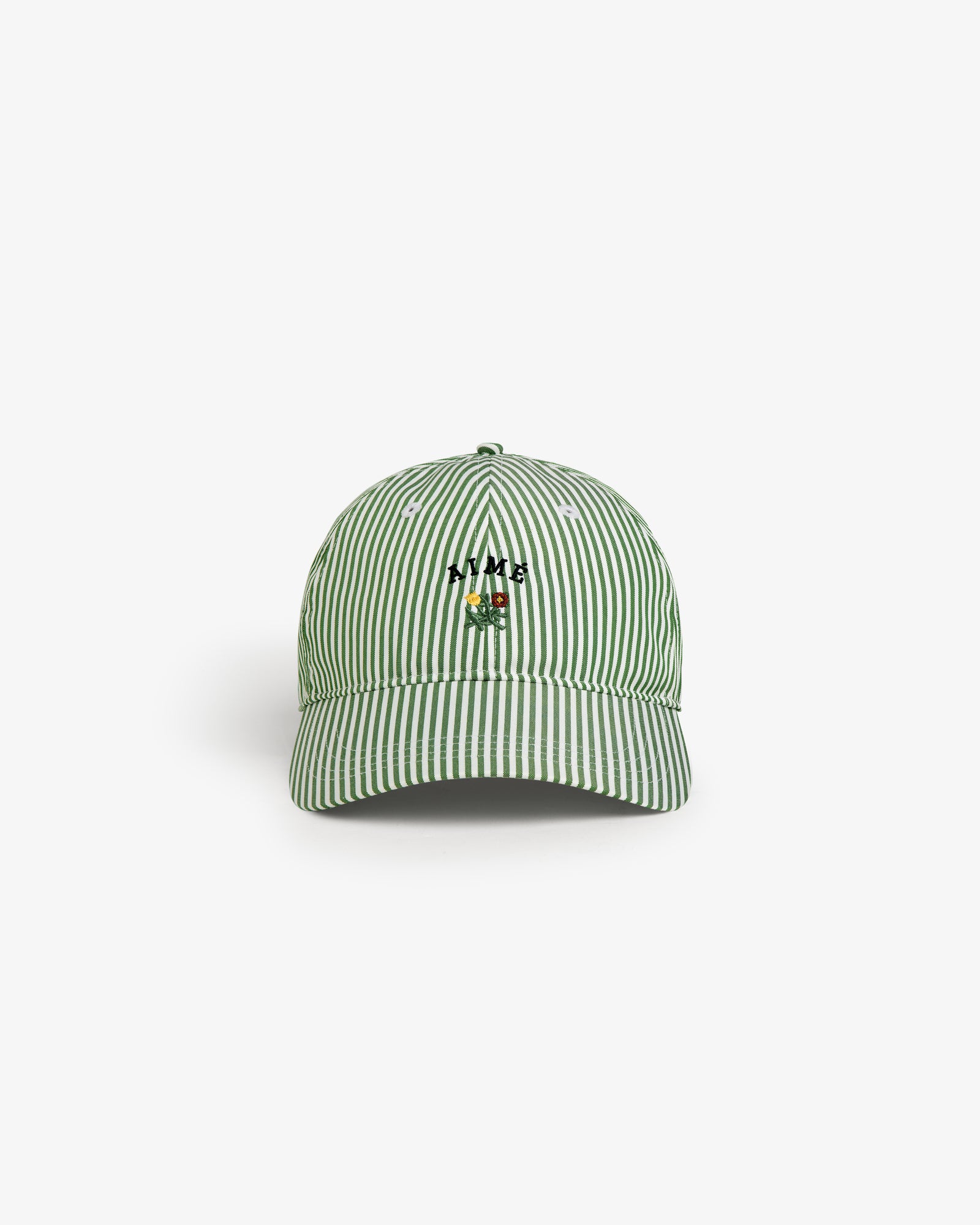 Striped Crest Logo Hat featuring green and white stripes, a small embroidered frog, and H.A.K text on the front.
