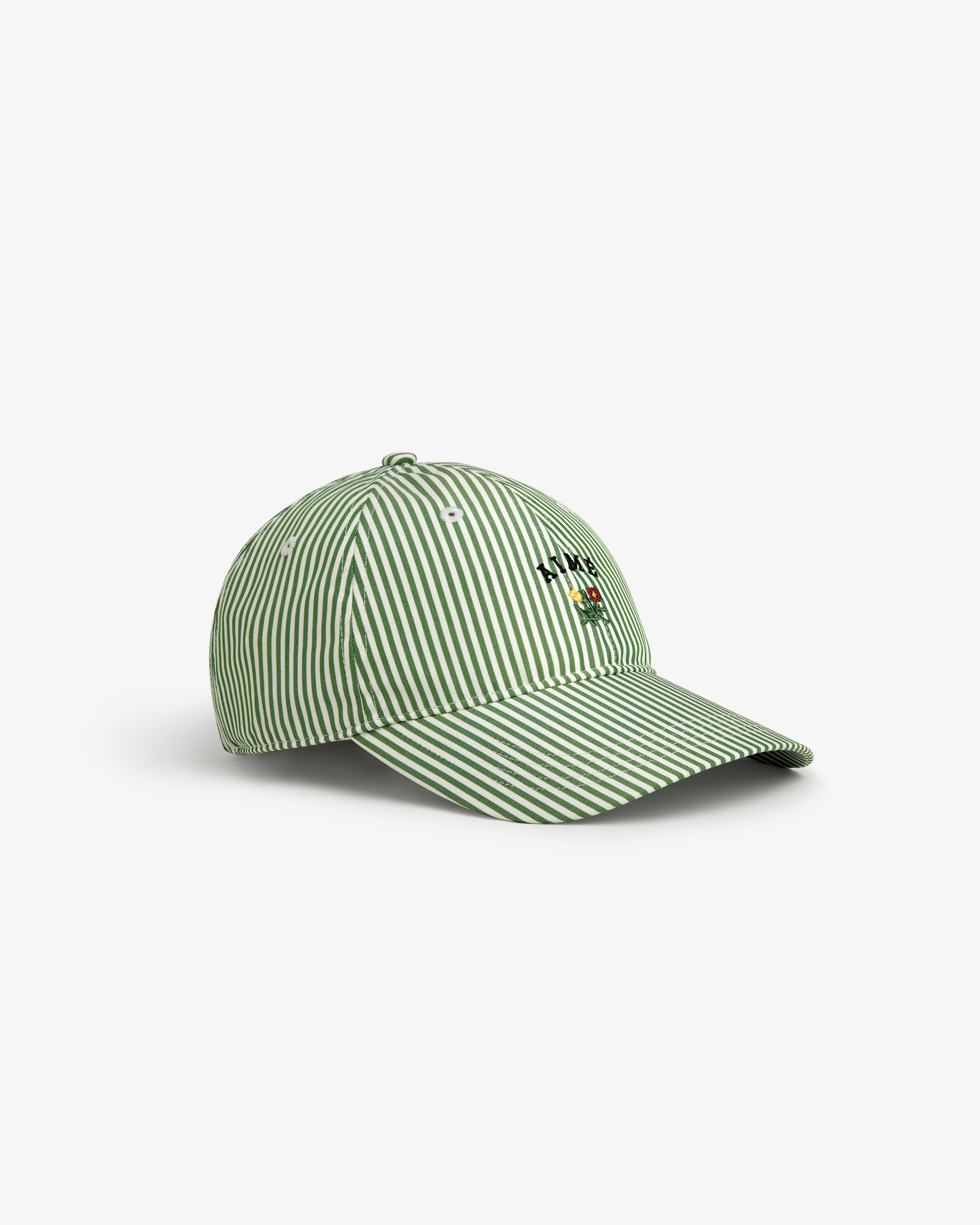 Striped Crest Logo Hat in green and white with a small front embroidery, displayed on a white background.