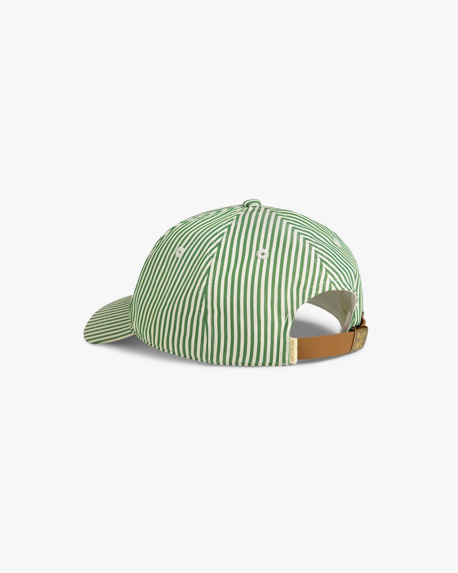 Striped Crest Logo Hat in green and white with tan adjustable strap, shown from the back on a white background.