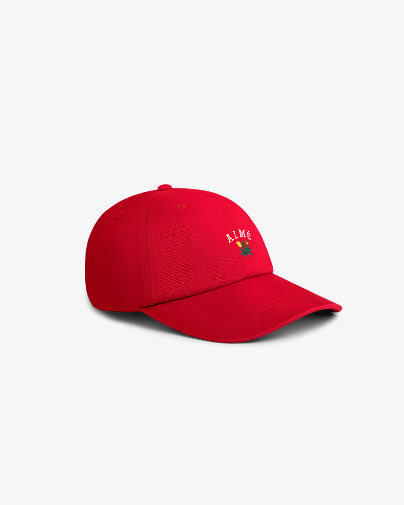 A Crest Logo Hat in red with AIME and an embroidered rose on the front, displayed on a white background.