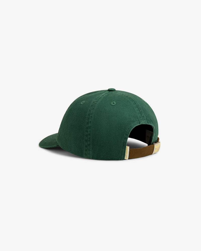 Crest Logo Hat in dark green, shown from the back with an adjustable brown strap and metal clasp.