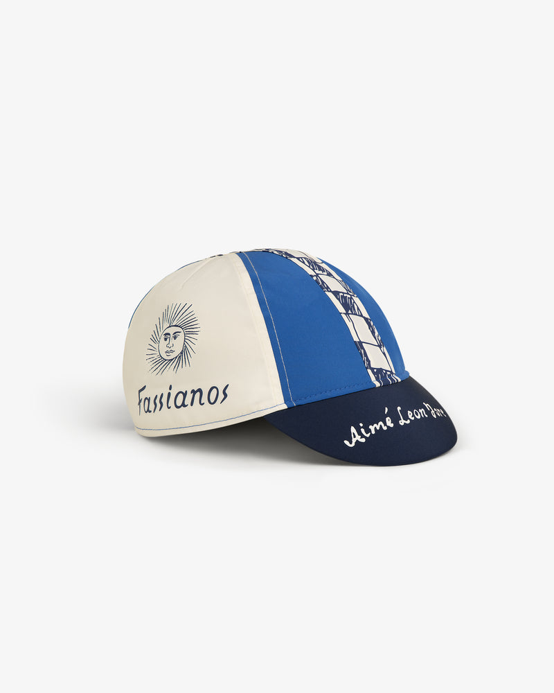 Fassianos Cycling Cap: Blue and white with sun face design; Aimé Leon Dore on the brim.