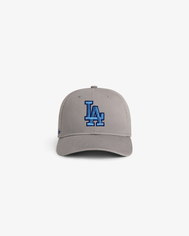 ALD / New Era Dodgers Retro Fit Hat, gray with blue LA logo, shown on a plain white background.
