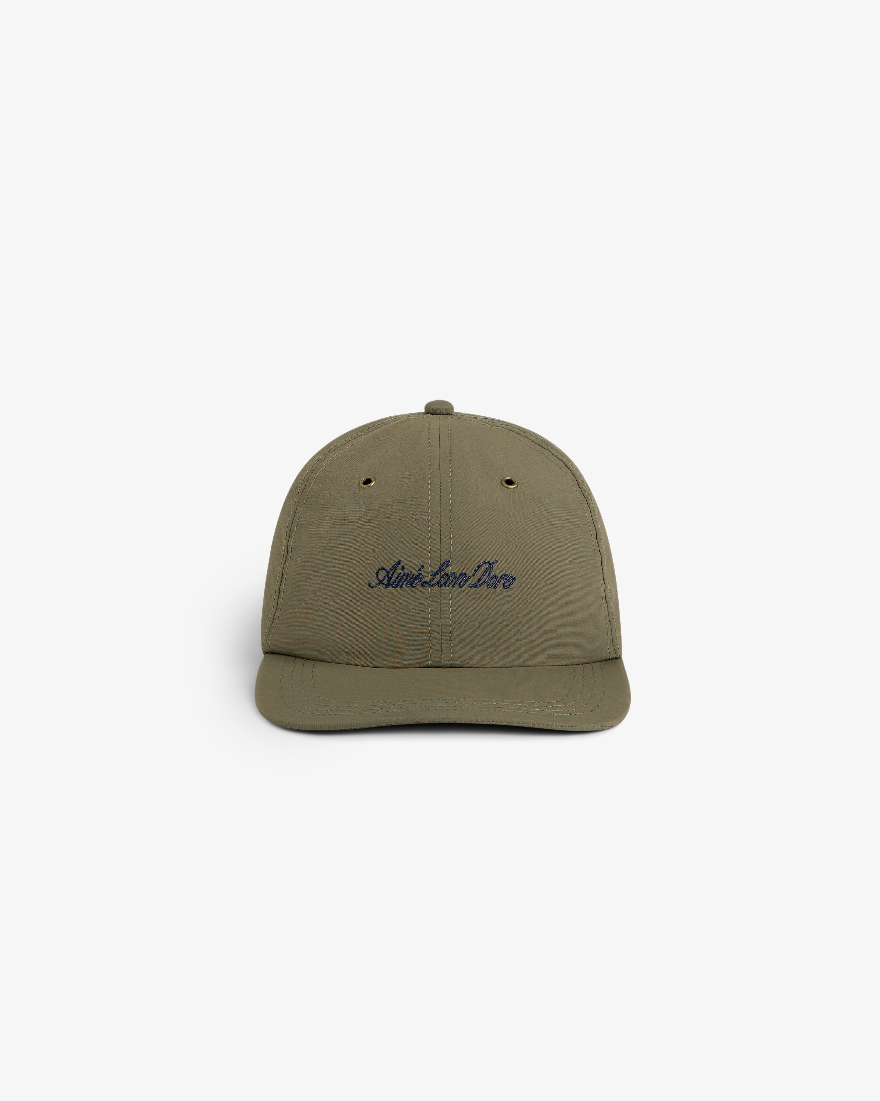 Olive green Script Sport Hat with “Aimé Leon Dore” embroidered in navy on the front, shown from the front.