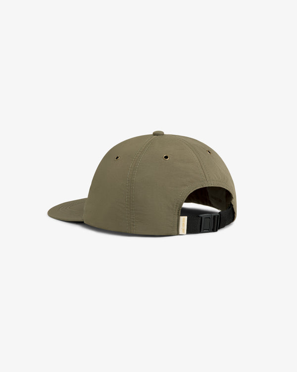 Script Sport Hat in olive green, shown from the back with a black adjustable strap and small ventilation holes.
