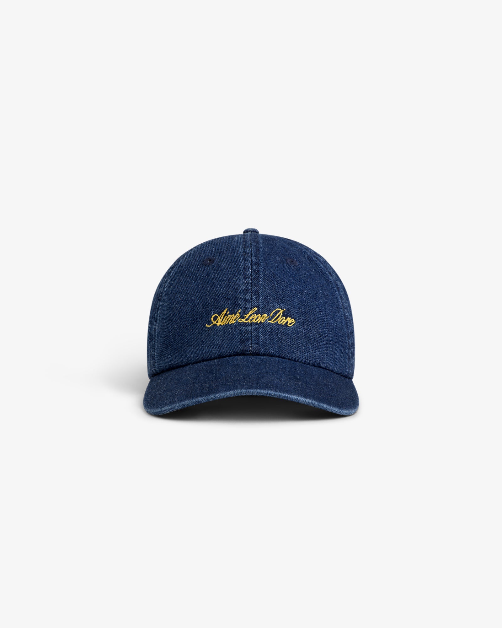 Denim Script Hat in navy blue with yellow embroidered script, displayed on a plain white background.