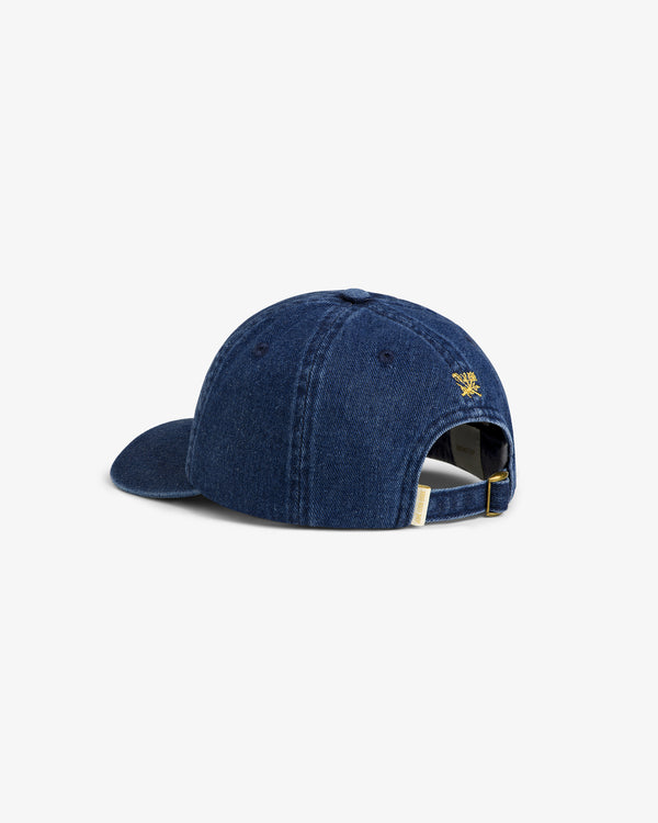Back view of the Denim Script Hat: blue denim cap with adjustable strap and yellow embroidery above the opening.