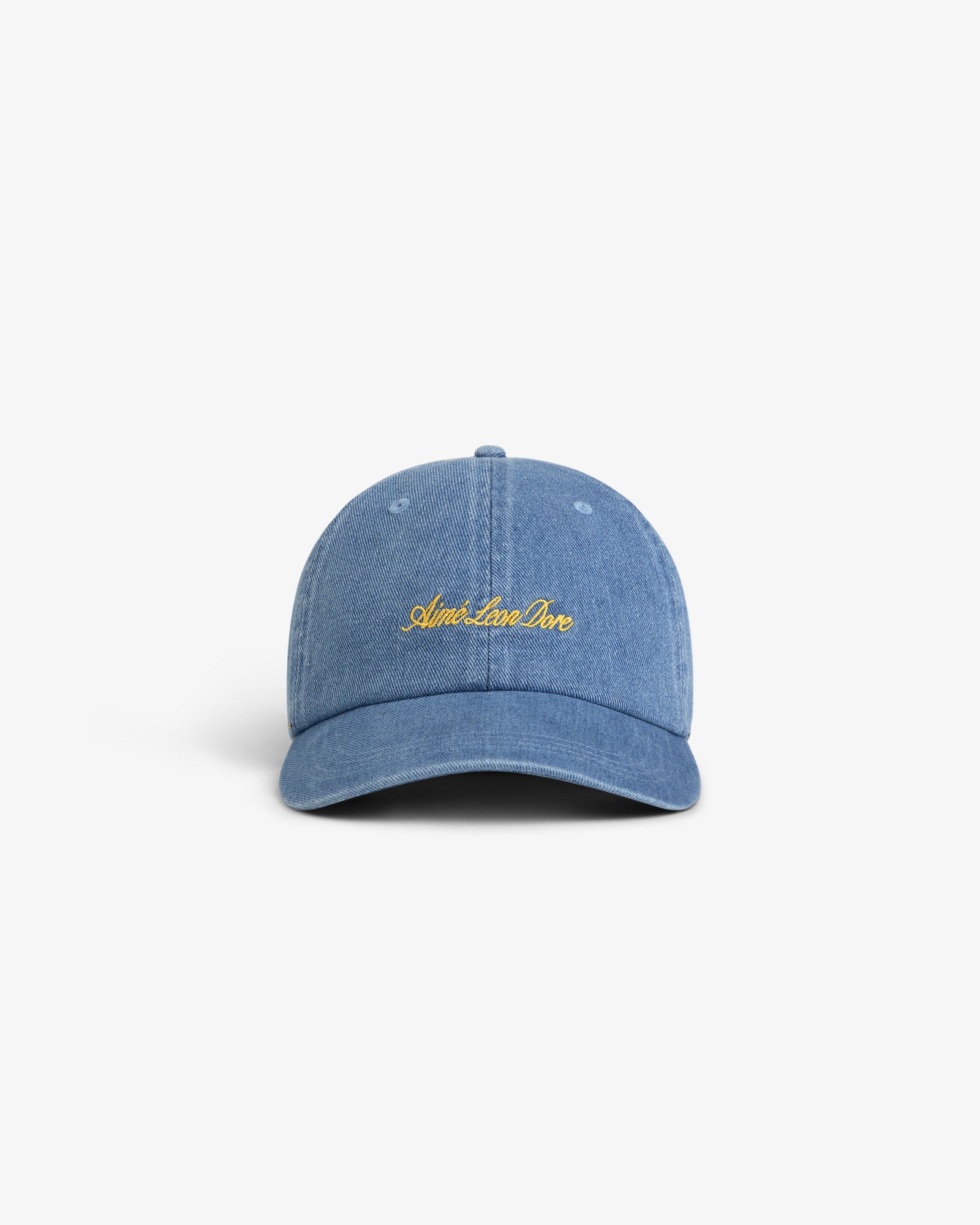 Denim Script Hat: blue denim baseball cap with yellow "Aimé Love One" embroidery on the front, shown on white background.