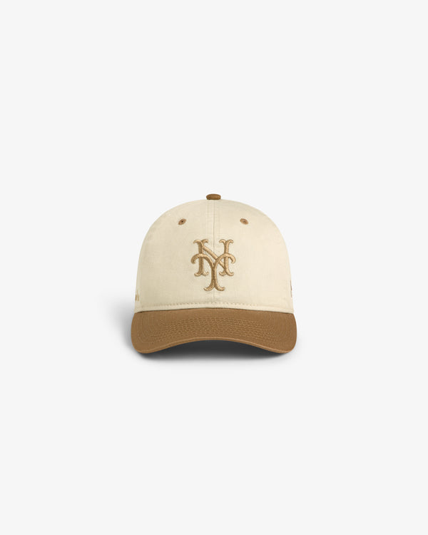 ALD / New York Mets Colorblock Ballpark Hat in beige and brown with embroidered NY logo, shown on white background.