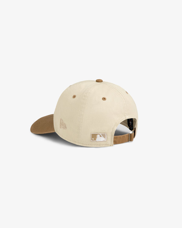 ALD / New York Mets Colorblock Ballpark Hat in beige and brown, shown from the back with adjustable strap and logos.