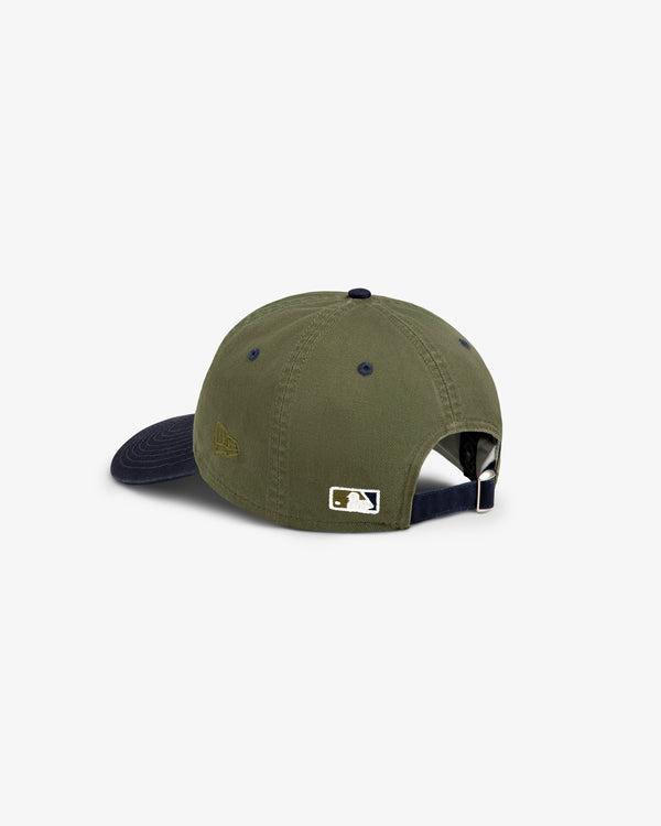 Back view of the ALD / New York Yankees Colorblock Ballpark Hat in green/navy with adjustable strap and MLB logo patch.