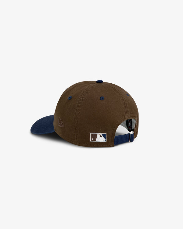 ALD / New York Mets Colorblock Ballpark Hat in brown and navy, shown from the back with MLB logo and adjustable strap.