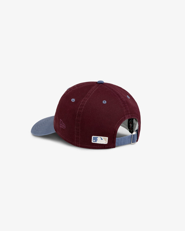 The ALD / LA Dodgers Colorblock Ballpark Hat in maroon and blue features an MLB logo above the adjustable strap.