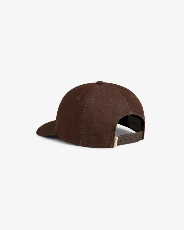 Vintage Micro Logo Hat in brown, shown from the back with adjustable strap and metal eyelets on white background.