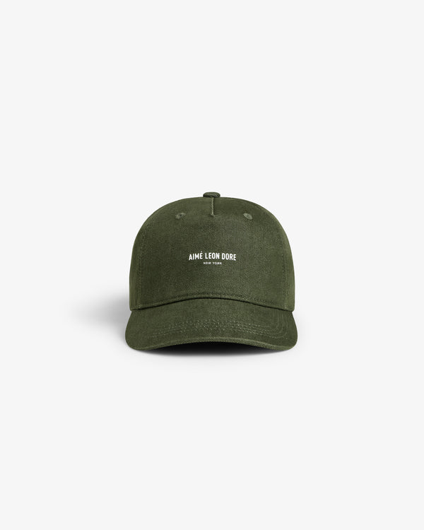 Olive green Vintage Micro Logo Hat with white AIMÉ LEON DORE NEW YORK text, displayed on a white background.