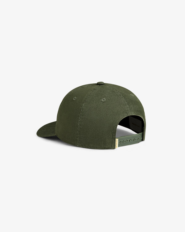 Vintage Micro Logo Hat in olive green, shown from the back with an adjustable snapback closure.