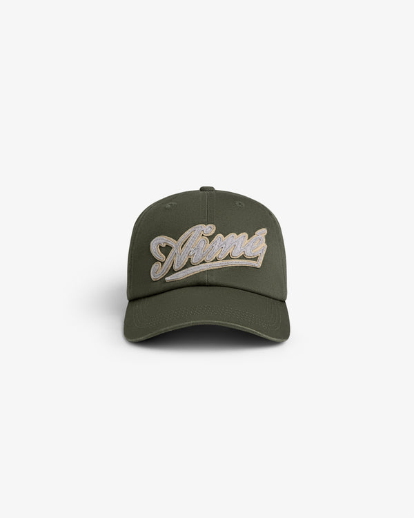Olive green Cycling Logo Hat with Nîmes in beige and white script on the front, shown against a white background.